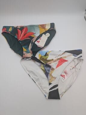 2x Calia Women's Swim Mid Rise Bottoms LARGE Banded Blue/Collage Pure White NWT